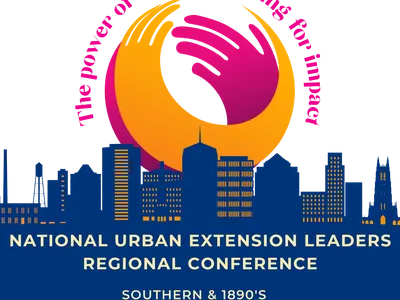 Hands logo above skyline; Nat'l Urban Extension Leaders Conference; May 6-8, 2025, Durham NC