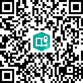 QR code with a centered teal hexagon logo showing an open book and map pin