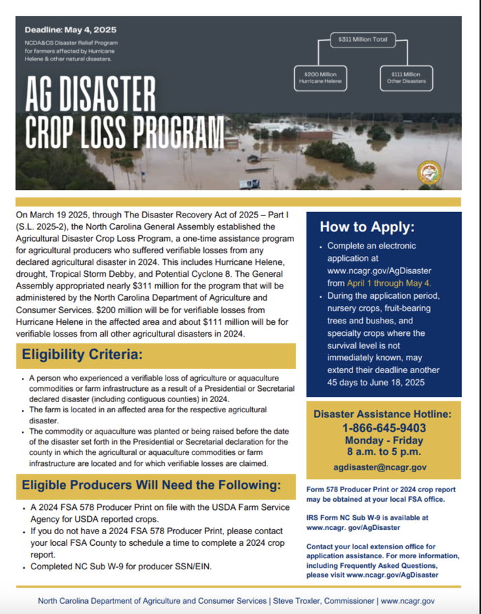 AG DISASTER CROP LOSS PROGRAM flyer, Deadline May 4, 2025, aerial flood photo