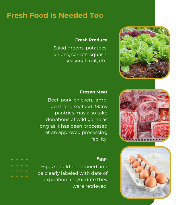 Fresh Food is Needed too such as fresh produce, frozen meat, and eggs.