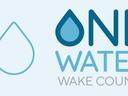 Logo with blue water-drop motifs and text "ONE WATER WAKE COUNTY"
