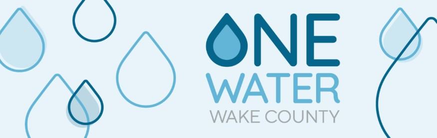 Logo with blue water-drop motifs and text "ONE WATER WAKE COUNTY"