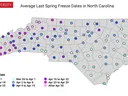 Average last spring freeze dates by county. Some western counties are as late as April 30.