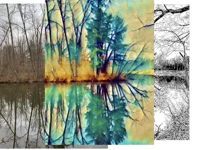 Triptych: photo, watercolor-style, and sketch of trees reflected on a lake
