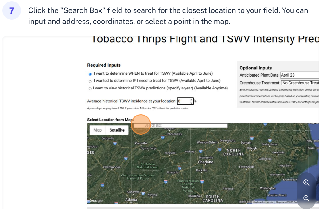Click the "Search Box" field to search for the closest location to your field. You can input and address, coordinates, or select a point in the map.