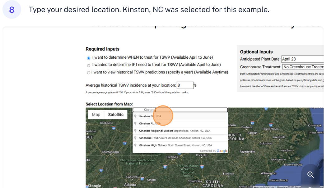 Type your desired location. Kinston, NC was selected for this example.
