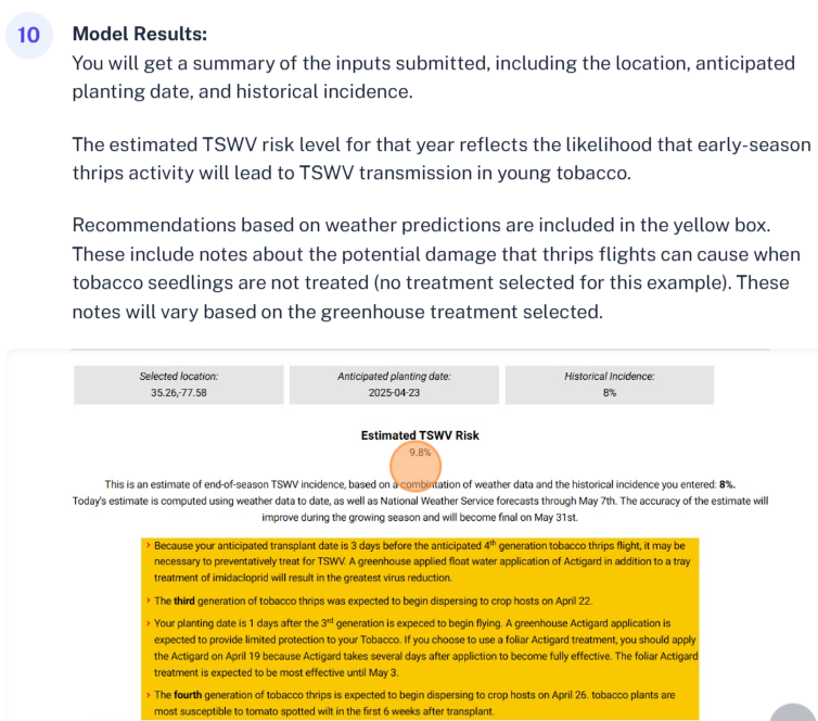 Model Results FEEDBACK (1) MEDIA LINKS PAGES You will get a summary of the inputs subentred, metuding the location, anticipated planting date, and historical incidence The estimated TSWV risk level for that year reflects the likelihood that early-season thrips activity will lead to TSWV transmission in young tobaccs Recommendations based on westher predictions are included in the yellow box, All Pages Add New APPEARANCE SETTINGS SITE SETTINGS These include notes about the potential damage that thrips lights can cause when tobacco seedlings are not treated ing treatment selected for this example). These notes will vary based on the greenhouse treatment selecteted.