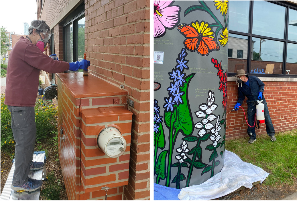 Worker with respirator painting a brick-pattern utility box; worker spraying floral mural on pole