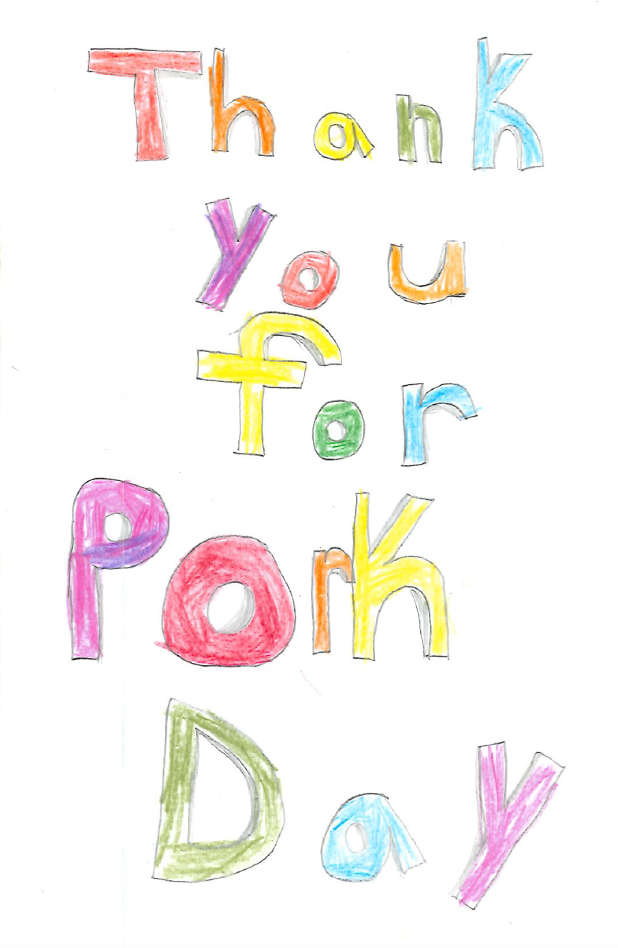 Hand-drawn colorful letters reading "Thank you for Pork Day"