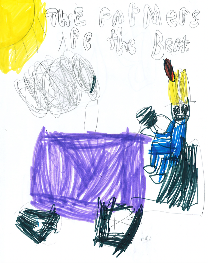 Child drawing of farmer driving a purple tractor under sun; text: "THE FARMERS ARE THE BEST."