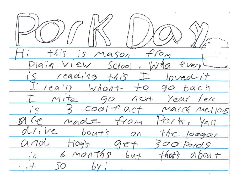 Pork Day handwritten note reading: "Hi: this is Mason from Plain View School..."