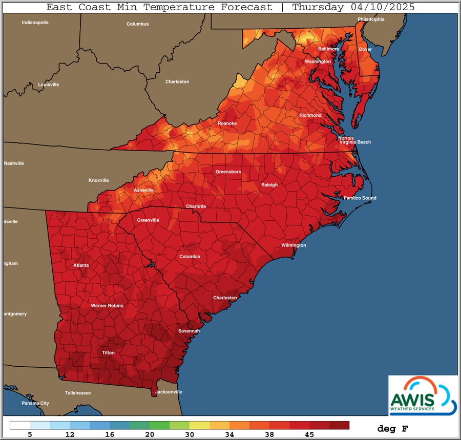 East Coast minimum temperature forecast map, Thursday 04/10/2025, temperatures in deg F
