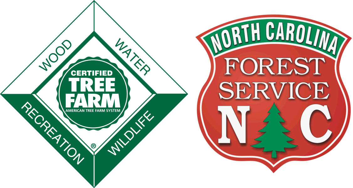 Certified Tree Farm logo (American Tree Farm System) and North Carolina Forest Service shield "NC"