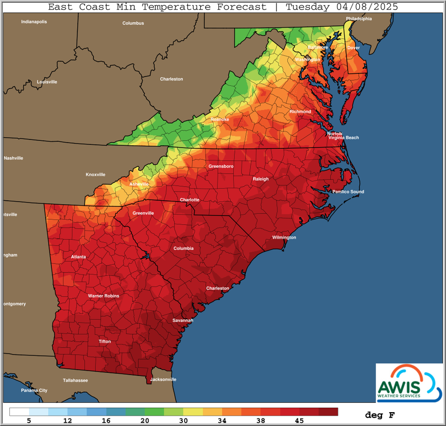 East Coast min temperature forecast map, Tuesday 04/08/2025; color scale shows temperatures in deg F.