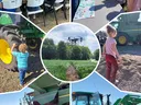 Children exploring tractors, drone hovering over crop field, and outdoor farm activity table