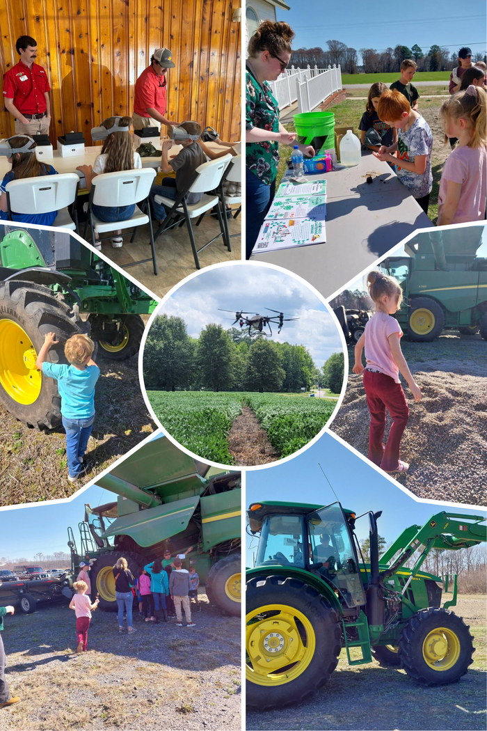 Children exploring tractors, drone hovering over crop field, and outdoor farm activity table