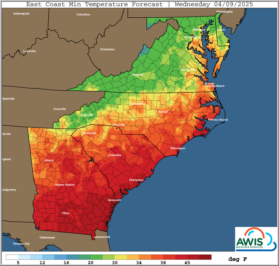 East Coast minimum temperature forecast map for Wednesday 04/09/2025 with color scale (deg F)