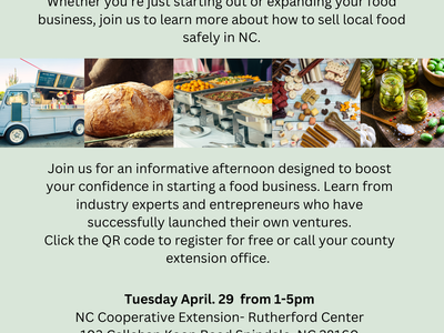 Starting an NC food business workshop — Apr 29, 1–5pm; NC Cooperative Extension; QR code