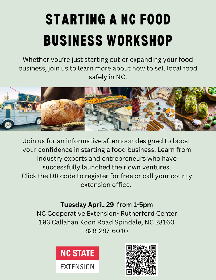 Starting an NC food business workshop — Apr 29, 1–5pm; NC Cooperative Extension; QR code