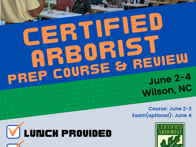 Classroom with instructor; overlaid text "CERTIFIED ARBORIST PREP COURSE & REVIEW"
