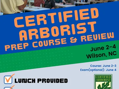 Classroom with instructor; overlaid text "CERTIFIED ARBORIST PREP COURSE & REVIEW"