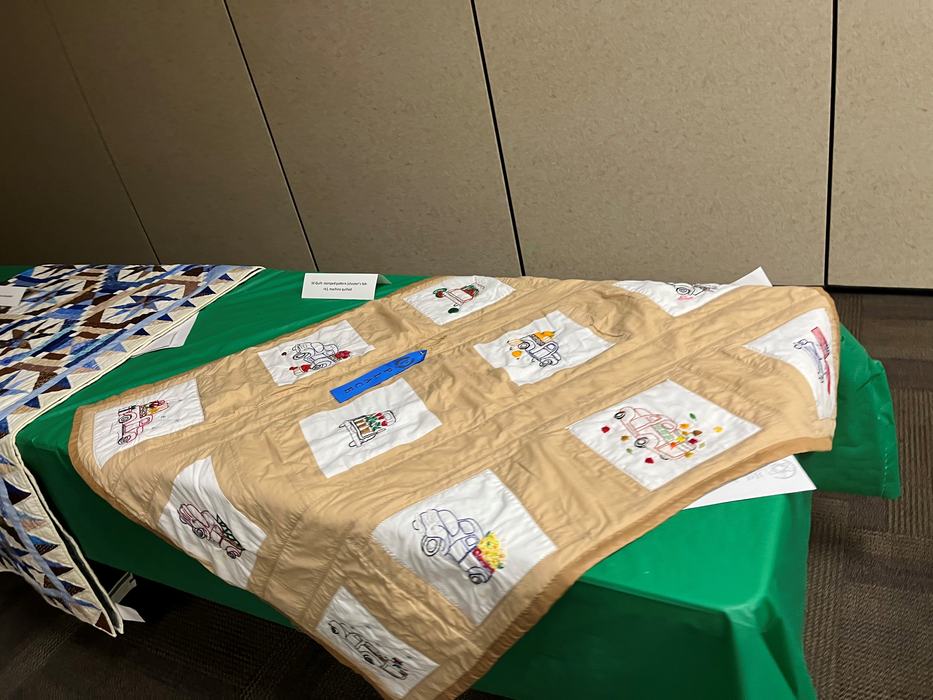 Beige quilt with embroidered vehicle squares displayed on a green table, blue ribbon.