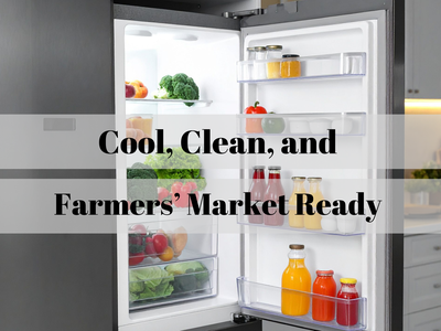 Open refrigerator with produce and bottles; text: "Cool, Clean, and Farmers’ Market Ready"