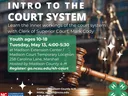 gavel and justice scales background with info on court system program