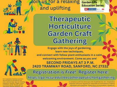 The Extension Master Gardener Volunteers of Lee County are excited to offer free Friday Therapeutic Horticulture Crafting opportunities to the community.