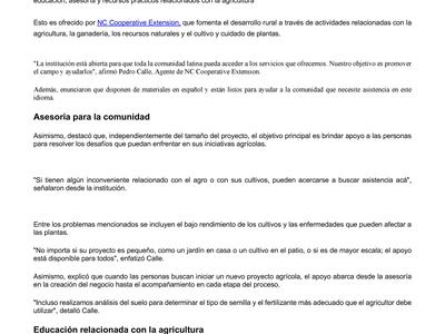 NC Cooperative Extension Spanish flyer titled "Aprovecha en Robeson recursos y capacitación en agricultura"