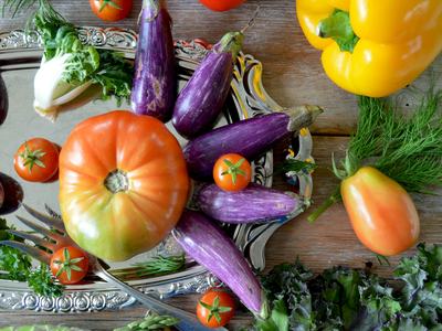 eggplant, tomatoes, peppers