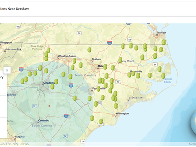 Map titled "Soybean Buyer Locations Near Kershaw" with green buyer markers and a 100-mile radius.