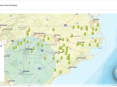 Map titled "Soybean Buyer Locations Near Kershaw" with green buyer markers and a 100-mile radius.
