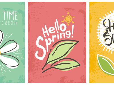 Flyer welcoming Spring with different colored blocks and flowers
