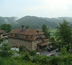 The old Annex building at the Valle Crucis Conference Center in Valle Crucis, NC. Big old blcok building nestled in the mountains.