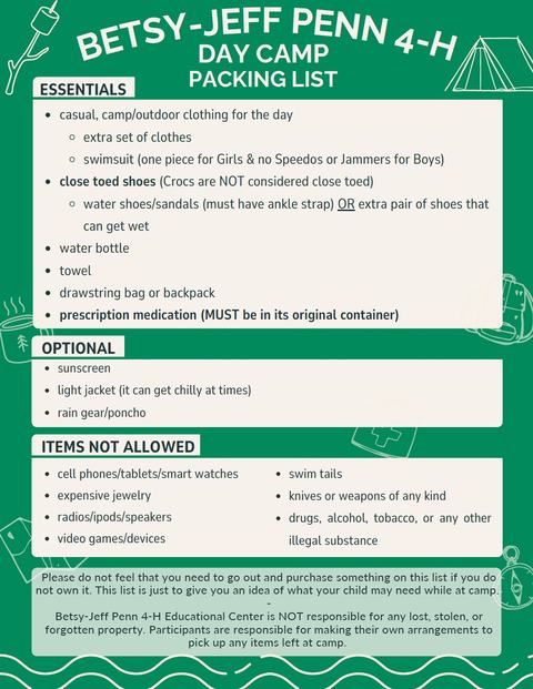 Betsy-Jeff Penn 4-H day camp packing list: essentials, optional items, and items not allowed