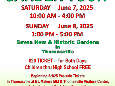 Garden Tour: June 7, 2025 10AM–4PM; June 8, 2025 1PM–5PM; Thomasville; $20 ticket