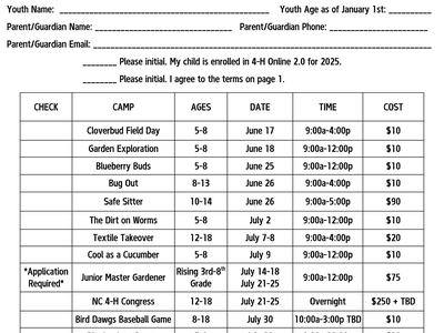 Lenoir County 4-H 2025 Summer Adventures registration form with camp schedule and fees.