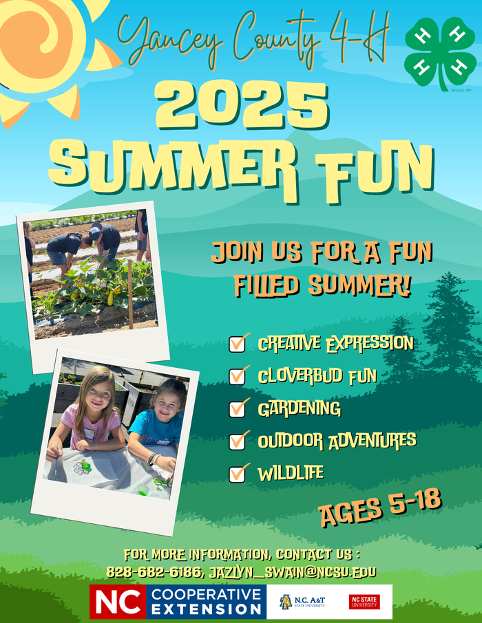 Yancey County 4‑H poster: "2025 SUMMER FUN" activities listed, ages 5–18, contact 828-682-6186