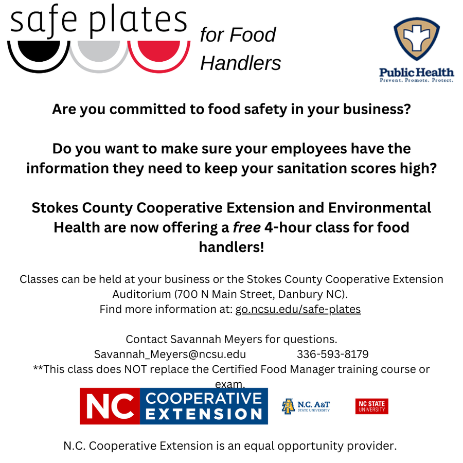 Safe Plates for Food Handlers flyer: free 4-hour class by Stokes County Cooperative Extension