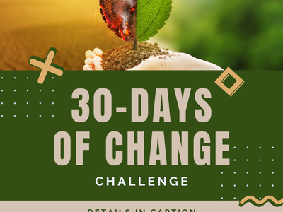Hand holding soil with half-burned, half-green leaf above text "30-DAYS OF CHANGE CHALLENGE"