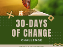 Hand holding soil with half-burned, half-green leaf above text "30-DAYS OF CHANGE CHALLENGE"