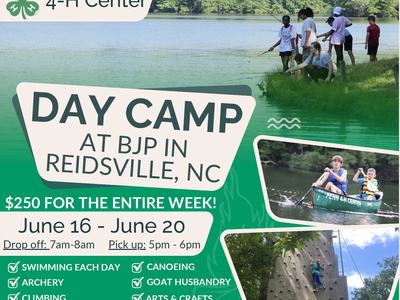 Day Camp at BJP in Reidsville, NC — June 16–20, $250 for week; swimming, canoeing, climbing