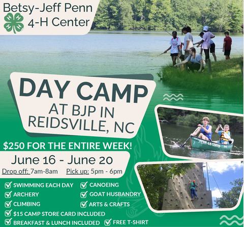 Day Camp at BJP in Reidsville, NC — June 16–20, $250 for week; swimming, canoeing, climbing