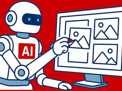 This digital illustration depicts a robot with "AI" across its chest drawing generic pictures on a computer screen. [This image was created with help from Open AI's ChatGPT on May 21, 2025.]