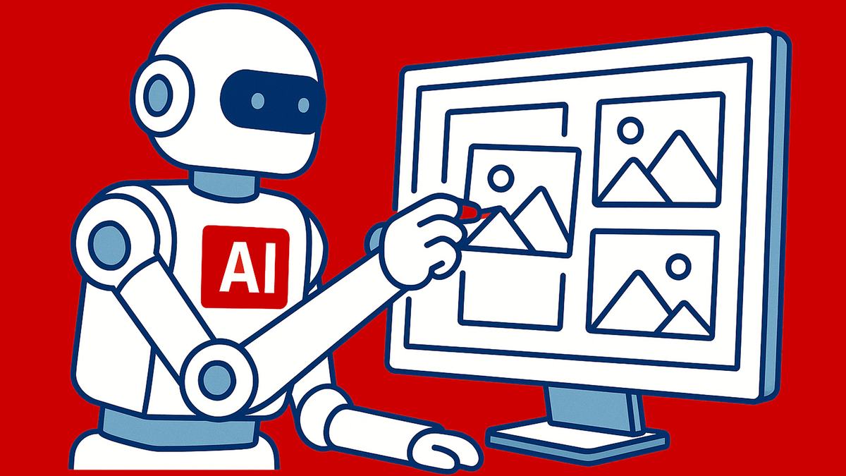 This digital illustration depicts a robot with "AI" across its chest drawing generic pictures on a computer screen. [This image was created with help from Open AI's ChatGPT on May 21, 2025.]