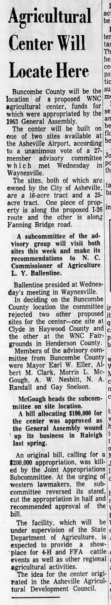 Newspaper article about the WNC Ag Center. The Asheville Citizen newspaper. Thursday, March 12, 1964. Page 21.