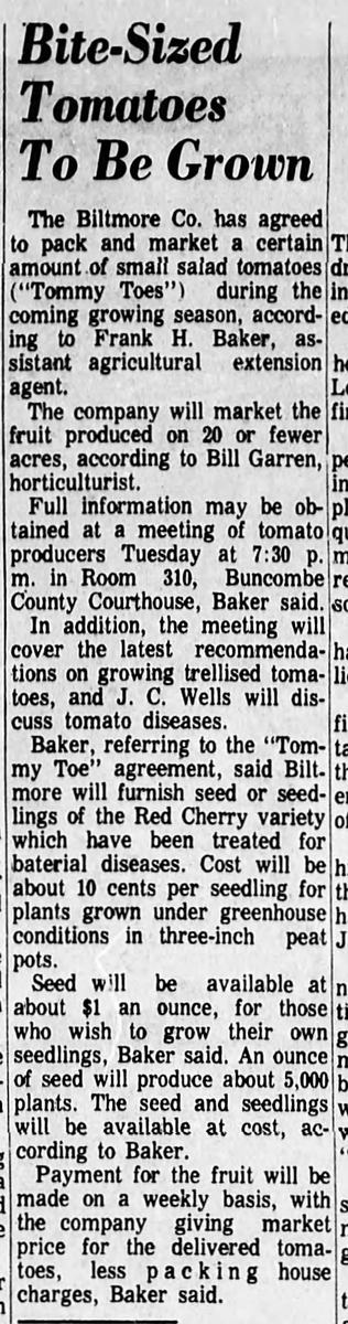 Newspaper article about the Biltmore Estate promoting growing cherry tomatoes. Asheville Citizen newspaper. Friday, February 12, 1965. Page 15.