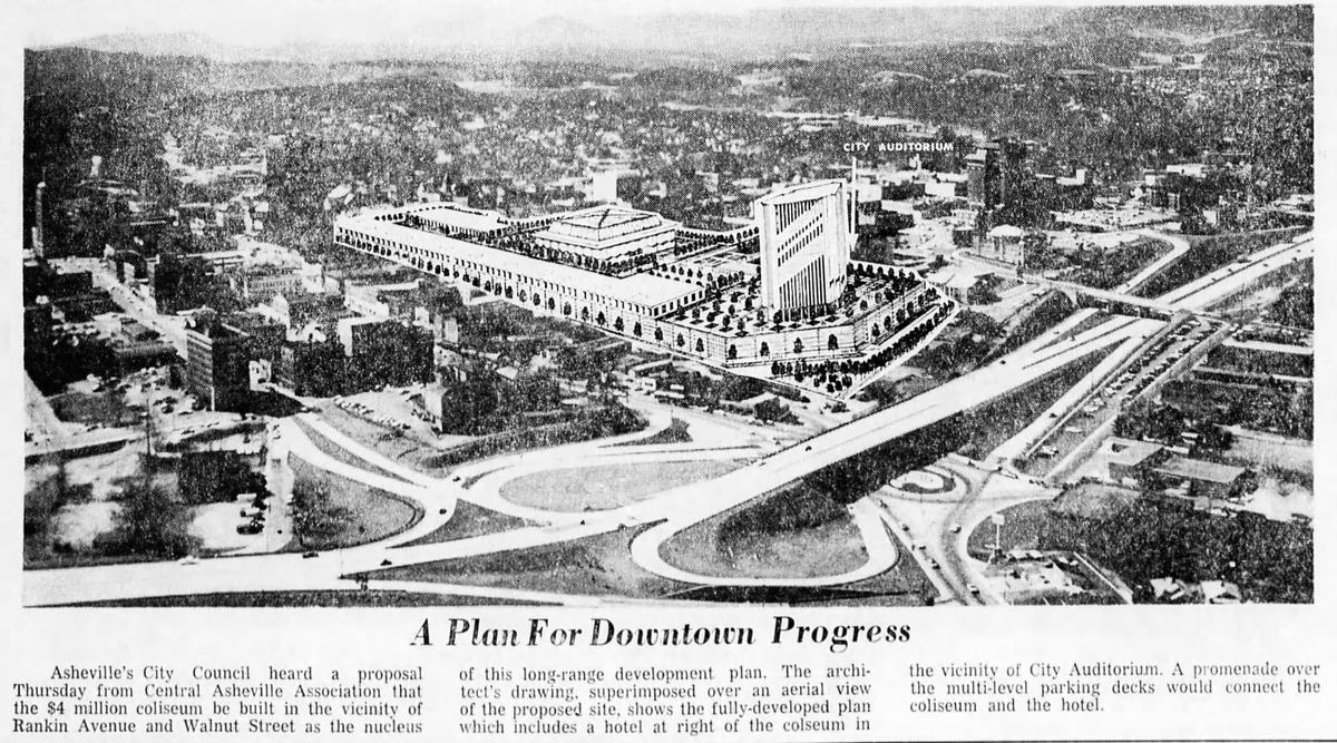 Proposed plan for the future Asheville Coliseum (today's Harrah's Cherokee Center - Asheville). Asheville Citizen newspaper. Friday, April 5, 1968. Page 14.