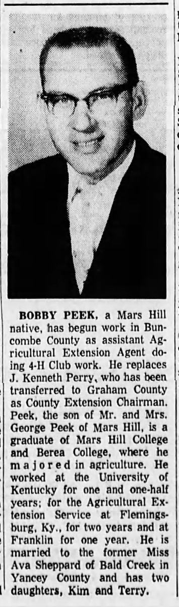 Black and White photo of Bobby Peek. Asheville Citizen newspaper. August 13, 1963. Page 11. 